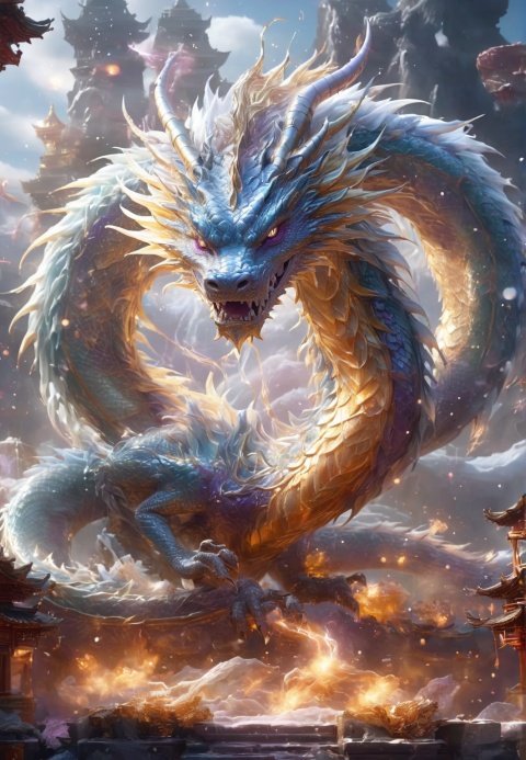 The right side, Right side. Look at the camera,  realistic, chinese purple Ice Dragon,  desolate,  intricately detailed,  artistic lightning,  particles,  beautiful,  amazing,  highly detailed,  digital art,  sharp focus,  trending on art station, amazing6,