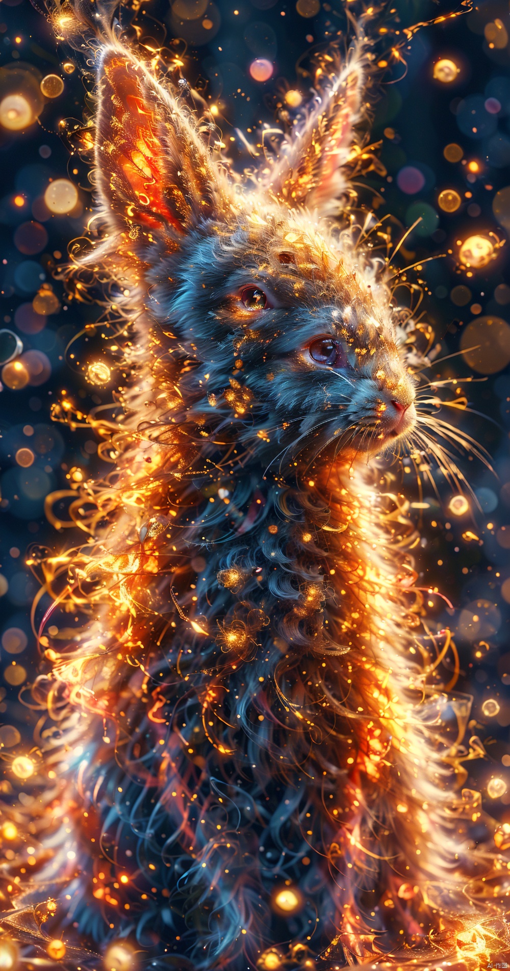  Rabbit,Crucu,The whole body,flame, burning,sparks,light particles,yinghuo,Colorful flames, blue_zhangyu, Nohumans,流光