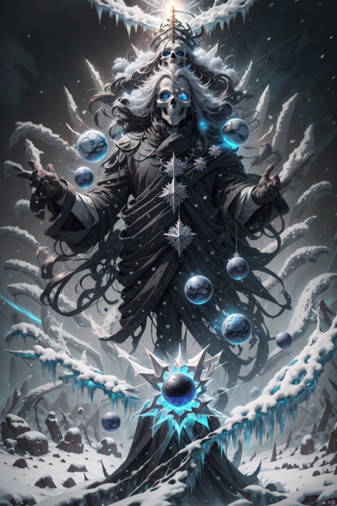  Masterpiece, high detail, 8K, high-definition,(Skull Mage), white skeleton, wearing a black magic robe with a silver white snowflake pattern, a black wizard hat with silver white snowflakes, (sparkling ice blue crystal eyeballs), slightly upturned mouth, surrounded by a silver white magic halo, with small snowflakes floating in the halo, (a black staff inlaid with ice blue crystals, wrapped in a vine like light), with a violent blizzard in the background, The snowflakes rolled up by the strong wind are dancing in the air, and the momentum of the blizzard and the magical aura of the skeleton mage complement each other. The movie lighting effect, depth of field, and sense of luxury

