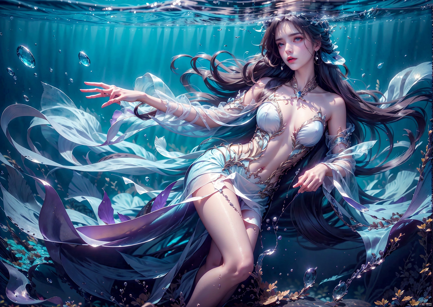  1 Girl, long green hair, purple eyes, curled up inside the ocean ball, full body, quiet, under the sea, bubbles, coral, perspective, depth of field, masterpiece, master work, fantastic, dreamlike, qingyi, 1girl,A gauzy skirt,Long dress, yifu, yunxi, ((poakl))