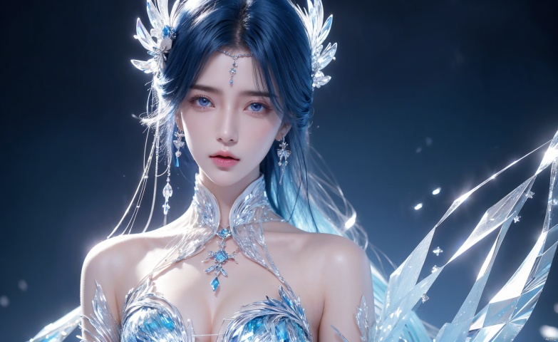 Blue hair, Blue eyes,(Good structure),cowboy_shot, DSLR Quality,Depth of field ,looking_at_viewer,Dynamic pose, , ,
1 girl,(blue light effect),hair ornament,jewelry,looking at viewer, (\meng ze\), wangyushan, dofas,(ultra-detailed crystallization),transparent crystals, qingyi, limuwan, yunxi