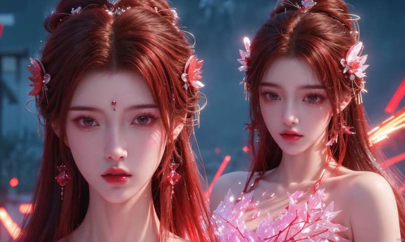 red hair, red eyes,(Good structure),cowboy_shot, DSLR Quality,Depth of field ,looking_at_viewer,Dynamic pose, The seductive look
1 girl,(red light effect),hair ornament,jewelry,looking at viewer, (\meng ze\), wangyushan, dofas,(ultra-detailed crystallization),transparent crystals, qingyi