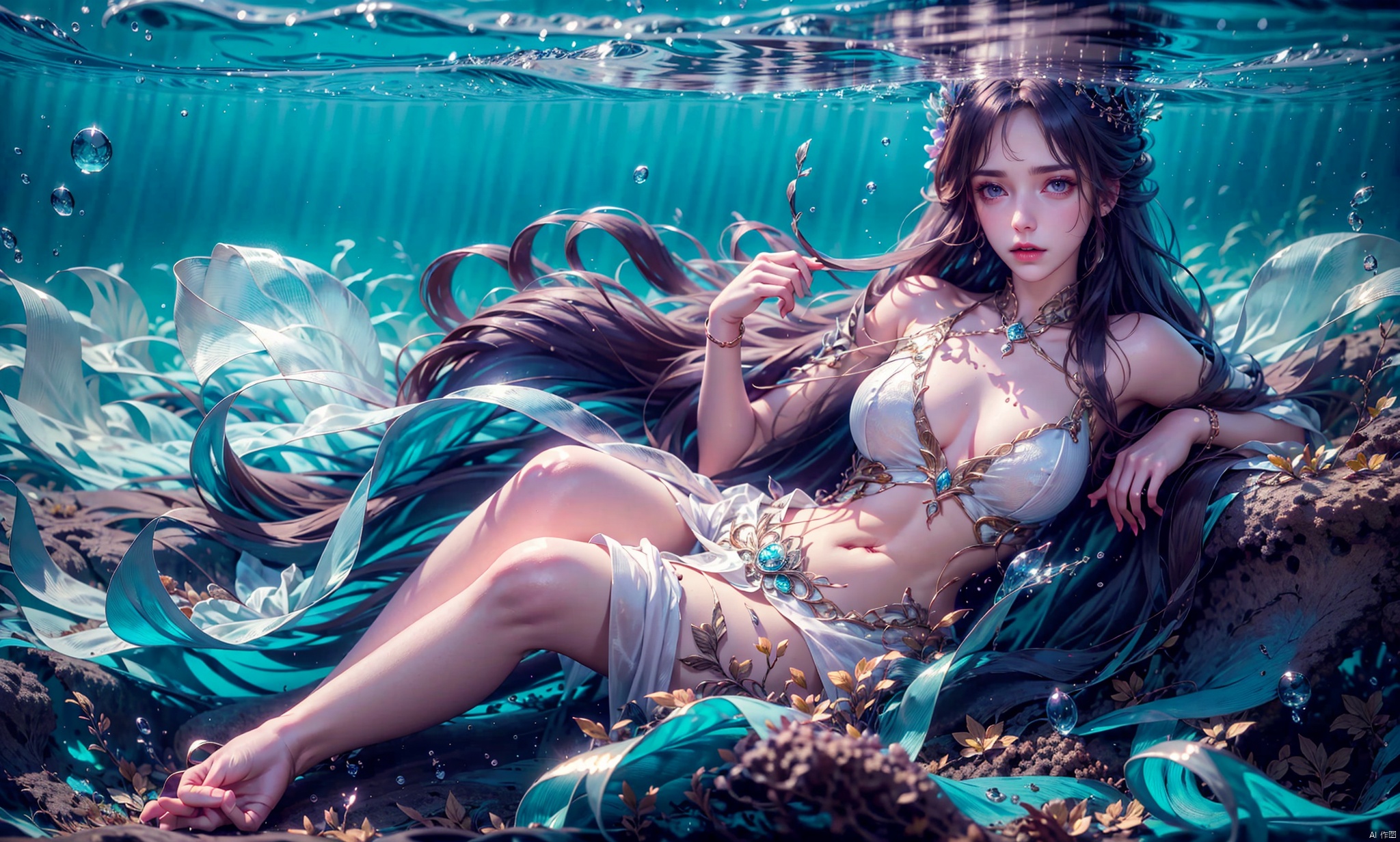  1 Girl, long green hair, purple eyes, curled up inside the ocean ball, full body, quiet, under the sea, bubbles, coral, perspective, depth of field, masterpiece, master work, fantastic, dreamlike, qingyi, 1girl,A gauzy skirt,Long dress, yifu, yunxi, ((poakl)),purple hair