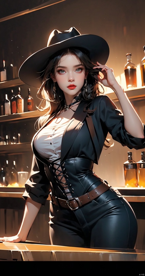  Villain League,A Western cowboy, cowboy hat, tattoo,in bar,in the dark Gothic style,dynamic poses,highly detailed,ultra-high resolutions,32K UHD,best quality,masterpiece,,depth of field,Henry Caville,1girl