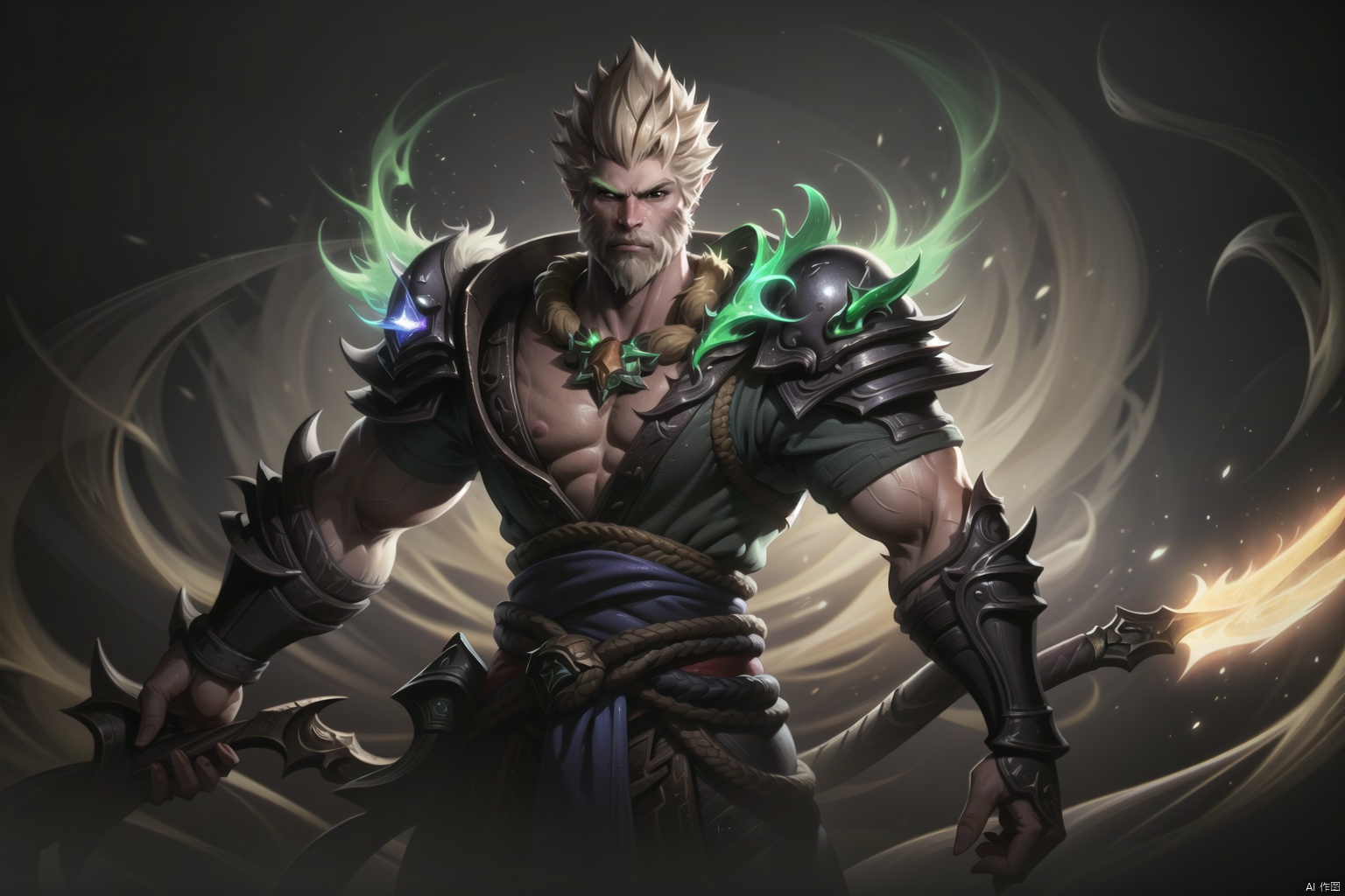  The heroic character in "League of Legends", he wears warrior armor, exudes a green aura, and holds a big knife in his hand. A close-up of a character, this painting adopts the fantasy art style of "League of Legends" illustrations. --ar 128:85, Darius, songoku,black monkey king