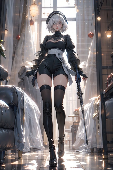  1girl, solo, looking at viewer, short hair, thighhighs, gloves, hat, holding, standing, full body, weapon, white hair, boots, shorts, black gloves, puffy sleeves, black footwear, hair over one eye, high heels, thigh boots, black shorts, mole under mouth, high heel boots, yorha no. 2 type b, yorha type a no. 2
