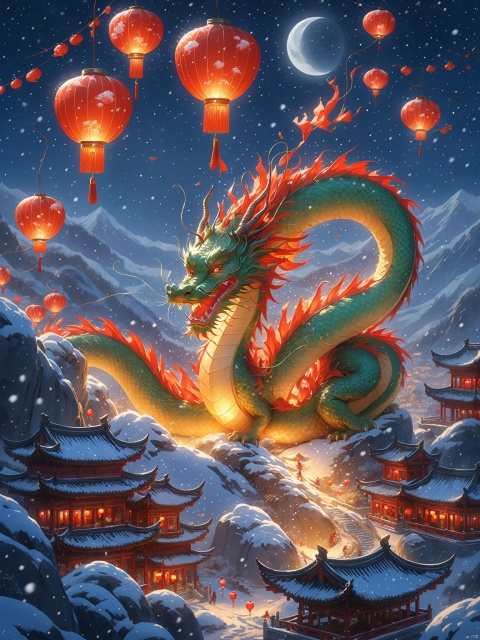  Thick painted national cartoons, textbook illustrations, Feng Zikai, Eastern poetry and painting, dragons, Chinese dragons shuttle through lanterns, during the Dragon Year and Spring Festival, red lanterns float in the sky, with Kongming lanterns, snowfall, moonlight, and brilliant stars, Chen Jialeng, high-quality, 32K crayon and ink, high-quality, 32K, high-quality, masterpiece, perfect composition, BJ_Sacred_beast