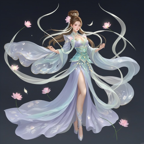  The female character wears a elegant fairy clothes, the color is light like a cloud, and the fairy air is lingering. Her clothes are smooth and smooth, as if dancing with the wind, and every detail shows her nobility and elegance. Wearing a simple and elegant bun, the bun is inserted with a few fresh flowers, emitting a light fragrance. Long hair shawl, like a waterfall, shining a light. Holding a glittering cold long sword, the sword is carved with exquisite patterns, the tip of the sword is shining like a meteor