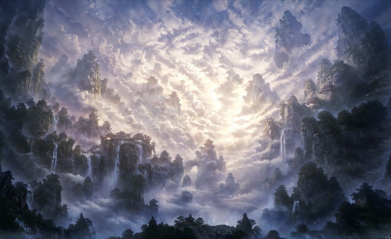 Fairyland, cloud, cloud, cloud, ((masterpiece)), mountain, Zhangjiajie, cloud, landscape, water, ((boutique)), sky, cloud, waterfall, starry sky, linear light, male. RPG, ananmoo