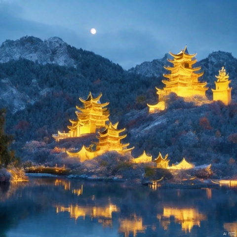  moon, tree, sky, night, scenery, no humans, night sky, water, architecture, star \(sky\), full moon, reflection, outdoors, east asian architecture, cloud, castle, snow, starry sky, bare tree, mountain, rock, crown, building, river, lake, bridge, statue, tower, nature, reflective water, fog