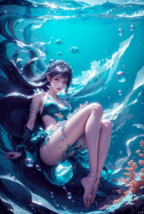  1 Girl, long green hair, purple eyes, curled up inside the ocean ball, full body, quiet, under the sea, bubbles, coral, perspective, depth of field, masterpiece, master work, fantastic, dreamlike,liquid clothes