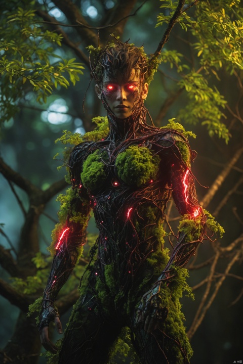  excellent lighting, super detail, depth of field, science fiction, colorful, masterpiece, best quality, ((high saturation)),((ultra-detailed)), Fujifilm, depressed, (Obsidian and Ruby),(Cyberpunk Treeman), (Treegirl), metal leaves, wired branches, glowing light eyes, mechanical bark, with moss-covered bark, tendrils extending from the body, Neon lights on the body, (Lightning around branches and leaves), (Tabebuia chrysantha), Soft and delicate petals, ultra fine, (realistic, photo realistic, (photo realistic:1.5)), wind, fire, electricity, glowing, 1girl, (full body:1.2)
