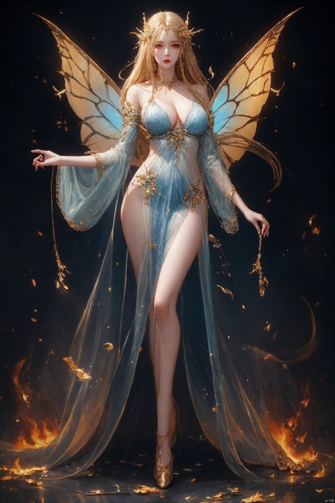  Grim look,fairy,Pretty girl,Slender figure,High quality paintings,full_body,golden and blue, large breasts, temptation,Big long legs, see-through_sleeves , Bright background,Urban style,fire and blood,, , , machinery, jingling