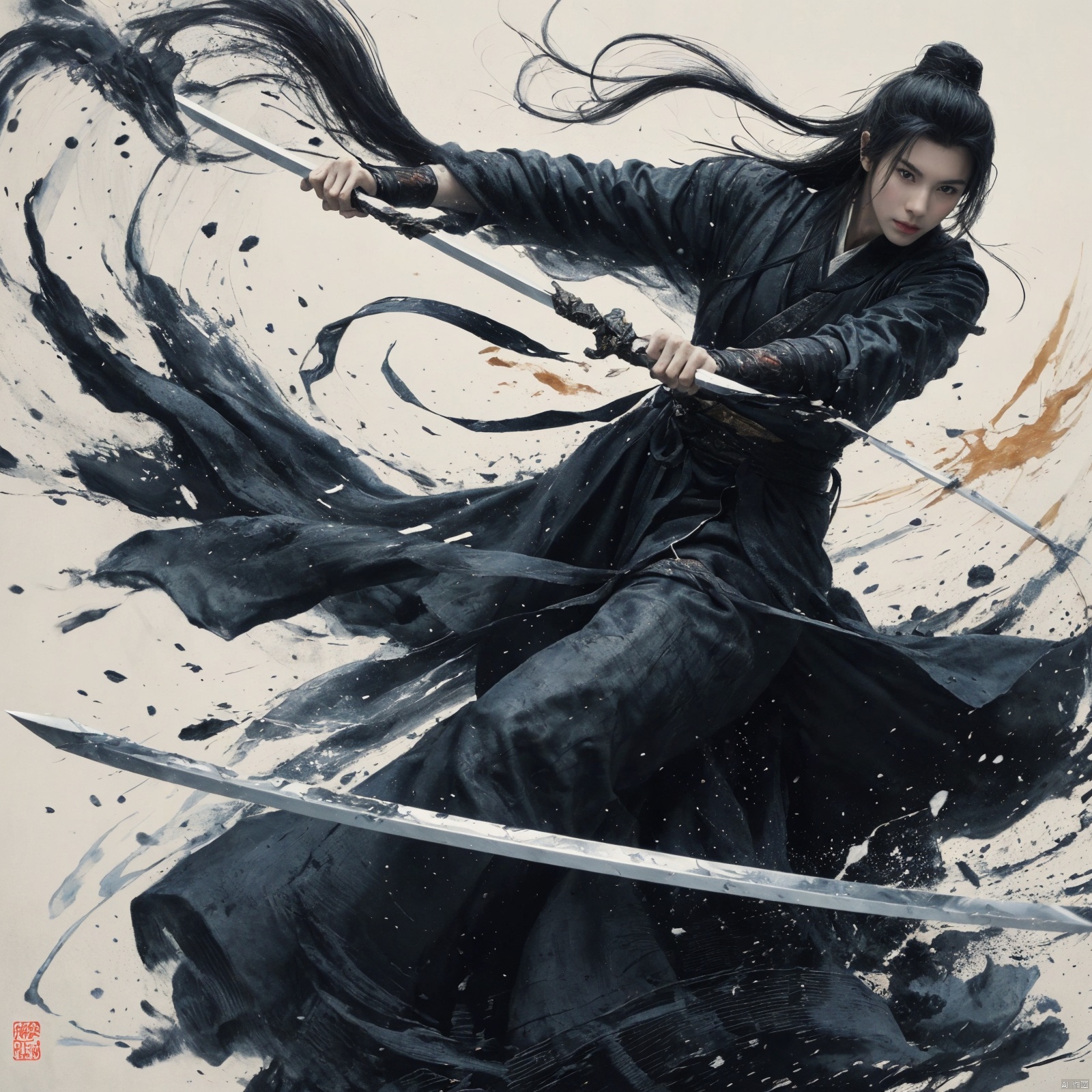  sdmai, wuxia, Chinese ink painting, artistic ink painting, Chinese martial arts films, wearing black robes, fighting posture, cinematic grandeur, splashing details, wild and powerful, solo, weapon, black hair, sword, long hair, male focus, looking at viewer, 1boy, scar, asuo, 1boy, solo, ,long hair,With a sword in hand, the body rotates forward, rotates the knife, eyes look at the enemy, ink, ink splashing, the cloak is landscape painting