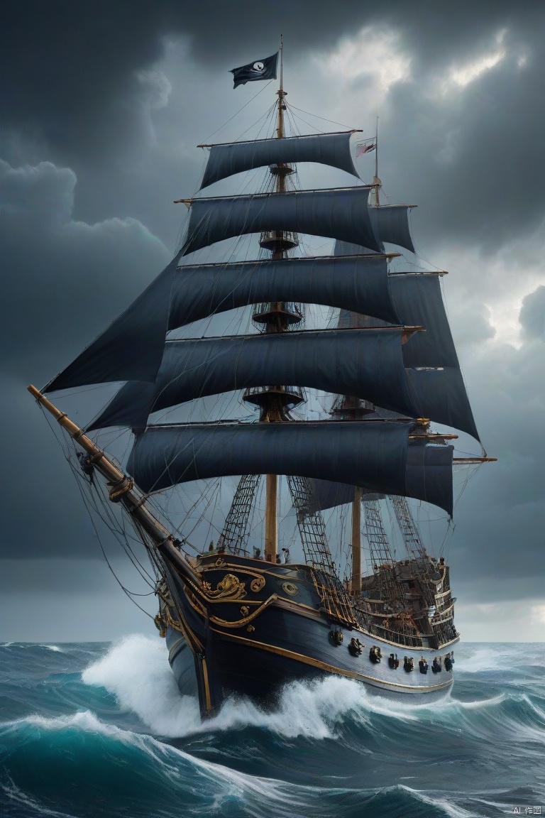  Realistic, hyper detailed, award winning masterpiece, full body portrait, ((ultra-high resolution 16k intense color portrait)), in the deep ocean, rough sea waves a large pirates ship with a black skull flag on top, ultra realistic, Hyper, vibrant light, storm, clouds, lightning, rough weather cinematic background