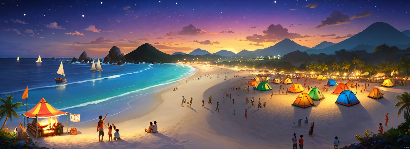  A vibrant and lively beach campsite scene at Sanya, with colorful tents dotting the sandy landscape. A festival-like atmosphere permeates as people dance and sing around the glowing bonfire, immersed in the joy of a music festival. The gentle waves caress the shoreline while moonlight casts a serene glow over the sea, illuminating the entire setting and creating a blend of tranquility and fervor. Sharp focus on the jubilant crowd and the warm fire, with the soothing sound of the sea providing a backdrop to the high-energy festivities. Picture perfect for a nostalgic representation of a beachside gathering under the stars, reminiscent of a Thomas Kinkade painting or a Studio Ghibli movie scene, trending on ArtStation and CGSociety. Vivid, high detail, photorealistic artwork suitable for wall display, evoking the essence of a tropical night by the sea.