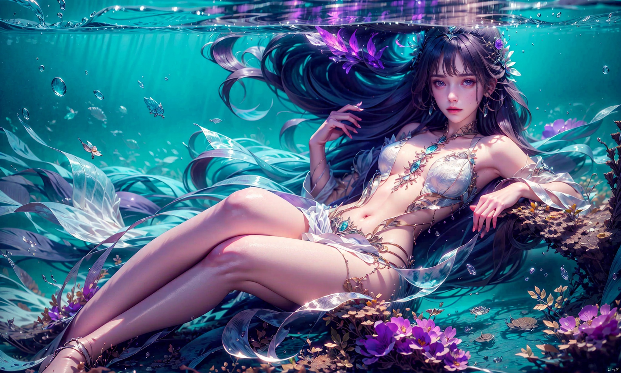  1 Girl, long green hair, purple eyes, curled up inside the ocean ball, full body, quiet, under the sea, bubbles, coral, perspective, depth of field, masterpiece, master work, fantastic, dreamlike, qingyi, 1girl,A gauzy skirt,Long dress, yifu, yunxi, ((poakl)),purple hair