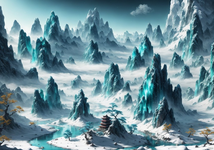  Miniature landscape, Chinese Tang Dynasty landscape painting, Zen aesthetics, Zen composition, Chinese architectural complex, transparent quartz crystal, X-ray crystallography, colored glaze, snow, luminescence, bright cyan-green light, ice silk fiber, macro lens, rich light, luminous mountains, mountains, clouds and mist, depth of field, extreme detail, incomparable detail, film special effects, realistic, 3D rendering, fine detail