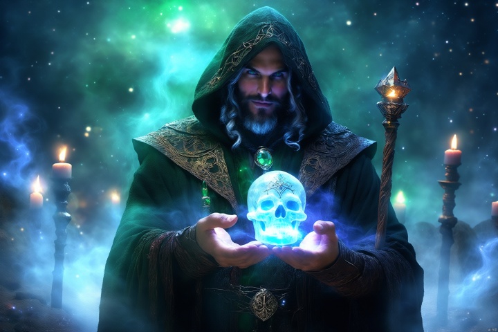 a vicious yet handsome necromancer holding a crystal skull while wielding a glowing magic wand, (looking at viewer:1.2), (evil smile), (hood:1.2), exquisite dark robe with intricate embroidery and mysteriou runes, facial hair, outdoors, green fog, in a ritual site, skeleton, books, starry night, (gloomy ambience), candle lighting, light splash, ethereal, mysterious, (fantasy aura)
