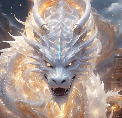 Front, (face: 1.1),((positive)),(( Look at the camera)), , realistic,chinese  White, pure white, white gold. Ice Dragon, desolate, intricately detailed, artistic lightning, particles, beautiful, amazing, highly detailed, digital art, sharp focus, trending on art station,amazing6, amazing6
