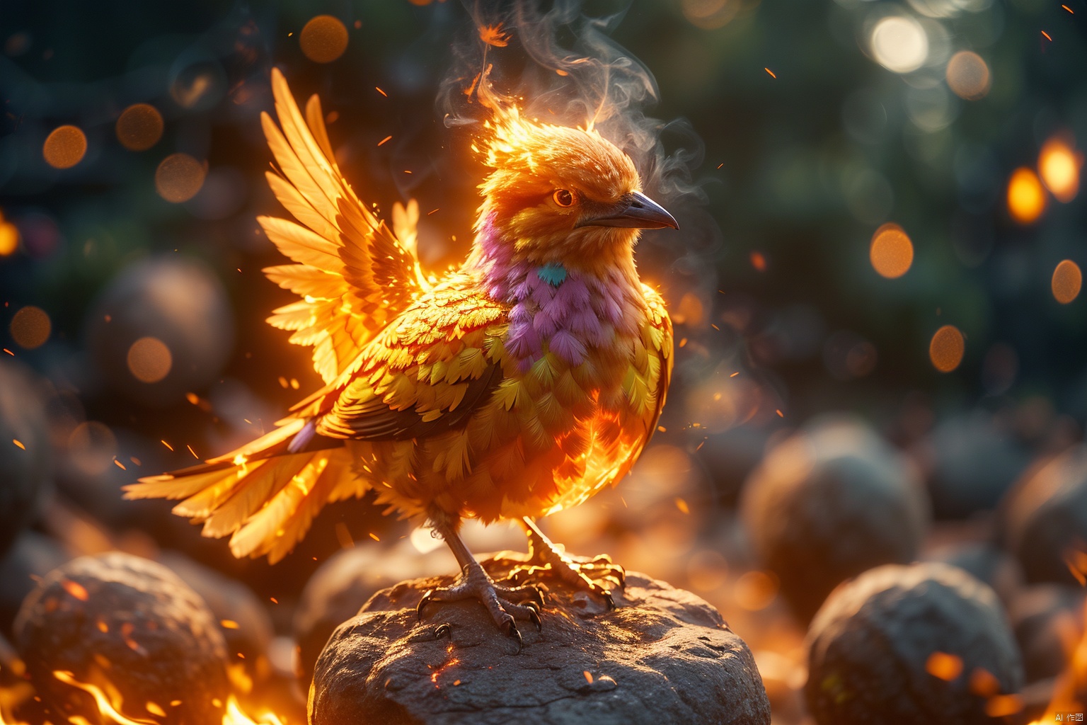  bird,flame, burning,sparks,light particles,yinghuo,Colorful flames