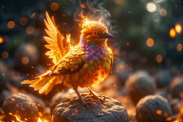  bird,flame, burning,sparks,light particles,yinghuo,Colorful flames