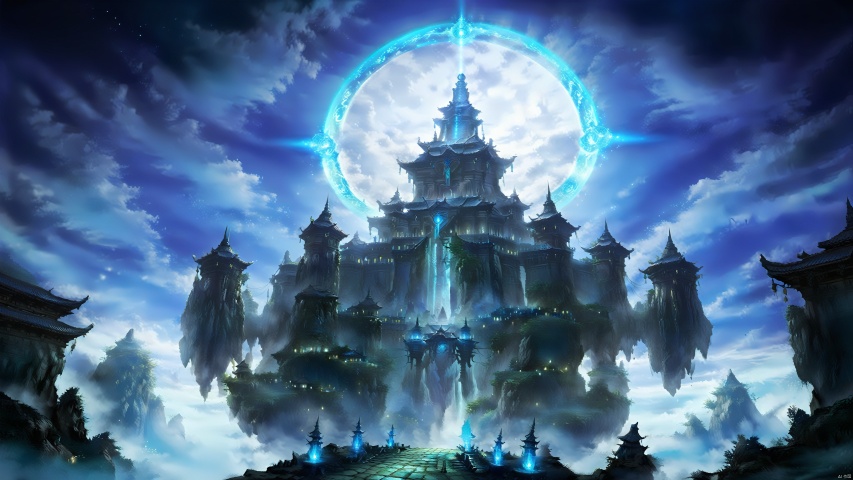 The majestic palace stands at the top of the sky, surrounded by a blue magic circle, solemn and majestic. At night, the palace looms under the moonlight, showing its mysterious cyan color. Practitioners step into it and feel the majesty and solemnity of the magic power.,RPG