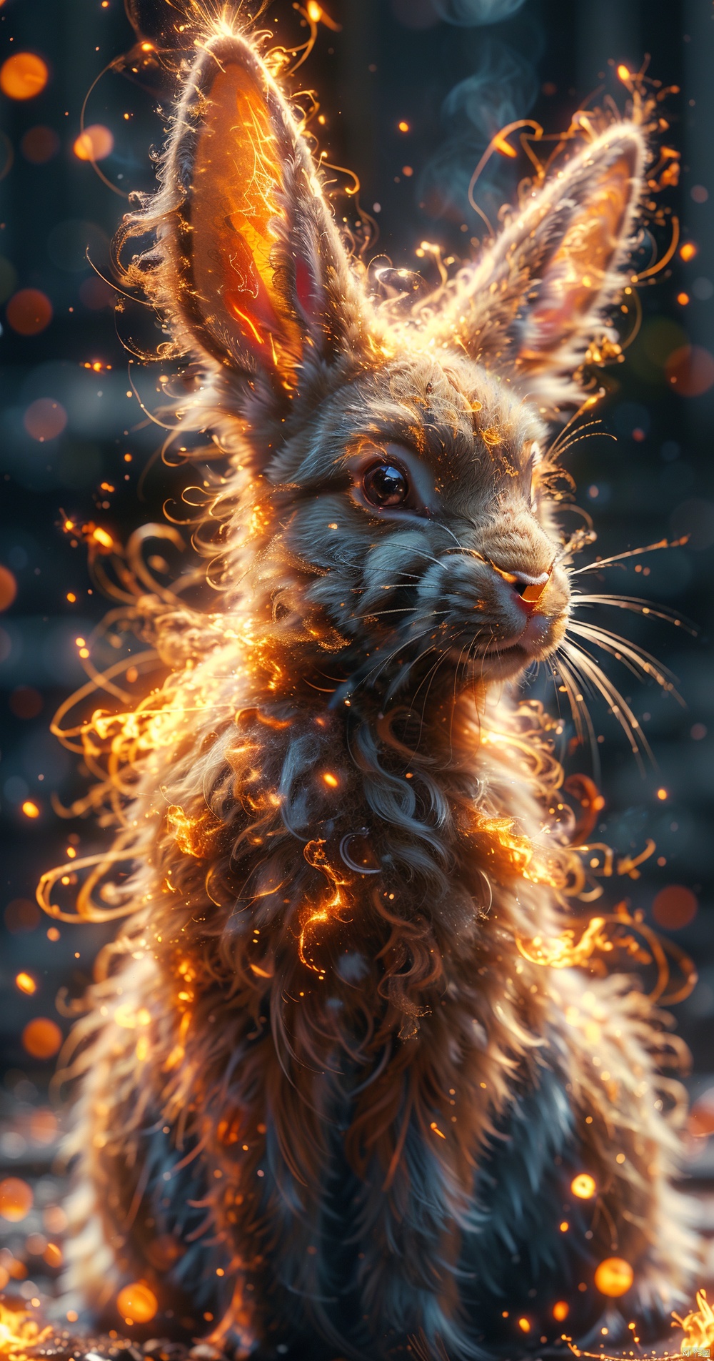  Rabbit,Crucu,The whole body,flame, burning,sparks,light particles,yinghuo,Colorful flames, blue_zhangyu, Nohumans,流光