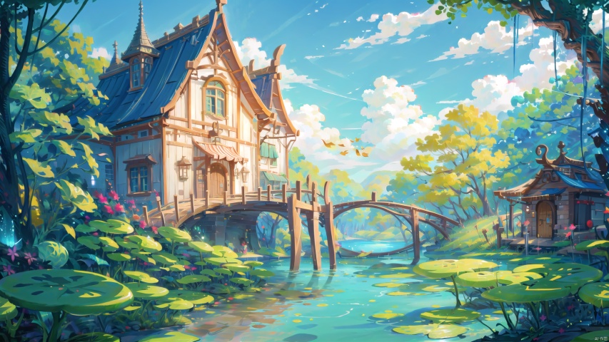  (((masterpiece))), ((extremely detailed CG unity 8k wallpaper)), best quality, high resolution illustration, Amazing, highres, intricate detail, (best illumination, best shadow, an extremely delicate and beautiful),

2D ConceptualDesign, scenery, lily pad, outdoors, sky, cloud, no humans, day, water, building, blue sky, tree, boat, watercraft, house, bridge, fantasy
