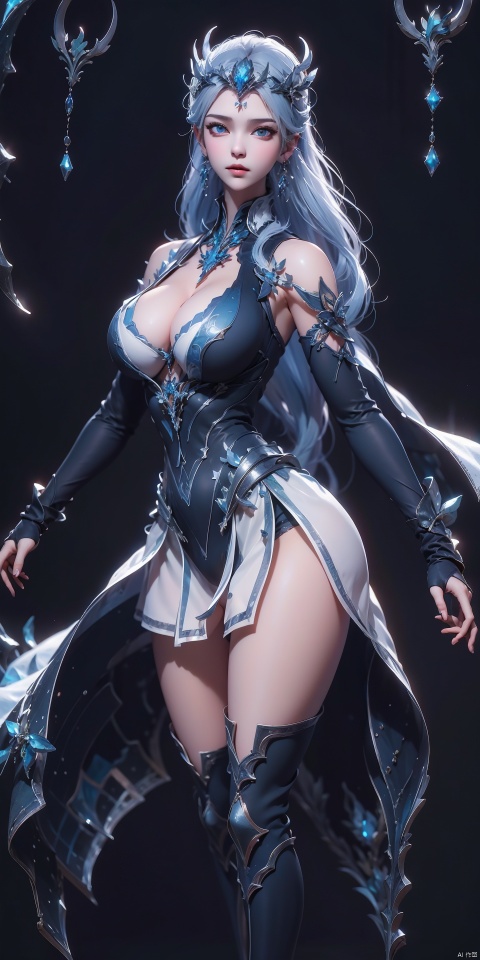 Blue clothes, Luna,1girl,solo,full body,earrings,jewelry,gloves,thighhighs,boots,long hair,blue eyes,elbow gloves,fingerless gloves,white hair,bare shoulders,clothing cutout,medium breasts,armor,, (raw photo:1.2),((photorealistic:1.4))best quality,masterpiece,illustration,an extremely delicate and beautiful,extremely detailed,CG,unity,8k wallpaper,Amazing,finely detail,masterpiece,best quality,official art,extremely detailed CG unity 8k wallpaper,absurdres,incredibly absurdres,huge filesize,ultra-detailed,highres,extremely detailed,beautiful detailed girl,cinematic lighting,1girl,pale skin,tall female,(perfect body shape),skinny body,Slender legs, 1girl, ayin