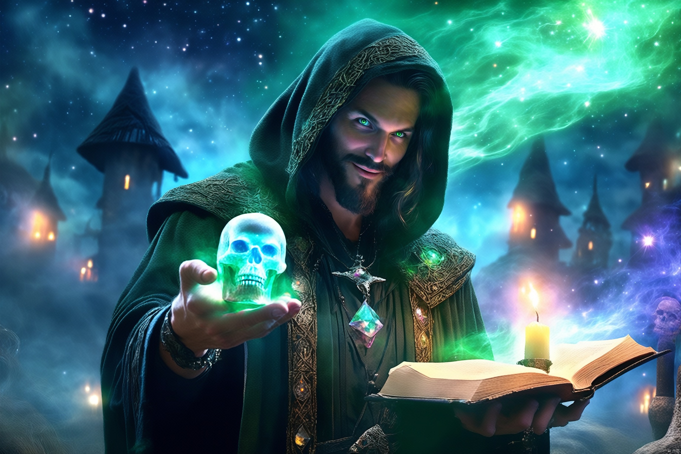 a vicious yet handsome necromancer holding a crystal skull while wielding a glowing magic wand, (looking at viewer:1.2), (evil smile), (hood:1.2), exquisite dark robe with intricate embroidery and mysteriou runes, facial hair, outdoors, green fog, in a ritual site, skeleton, books, starry night, (gloomy ambience), candle lighting, light splash, ethereal, mysterious, (fantasy aura)