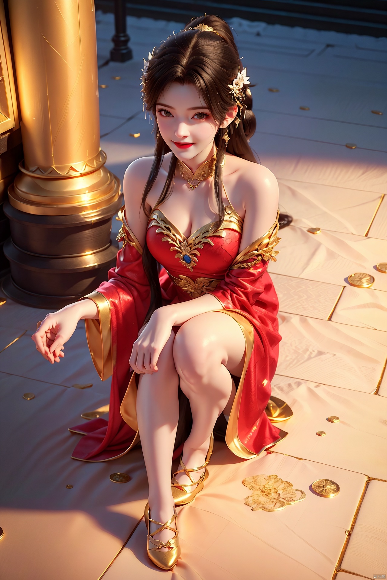  (((Above the knee))), Hold the gold ingots with your hands open, hold the gold ingots in your hands, Looking from top to bottom,A girl,Long red hair,red dress,God of wealth,((( full body))), lots of gold coins falling, gold coins shining, festive atmosphere, solo, blush, (smile: 1.3), smiling eyes,, wide sleeves,, hat, 3D modeling and rendering, high definition, detail enhancement,facai, facai,Hair accessories,,messy bun, looking at the audience, soft lighting,Best quality, ultra-high resolution, (photo realism: 1.4),enticing posture, 1girl, facai,yuzu, qingyi,hair ornament