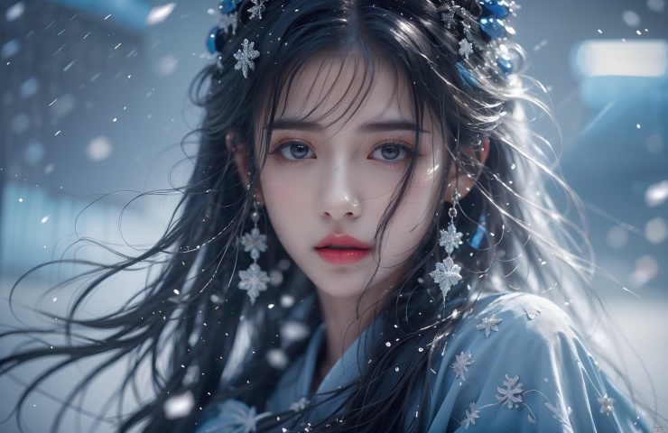  solo,((best quality)), ((masterpiece)), ((ultra-detailed)), extremely detailed CG, (illustration), ((detailed light)), (an extremely delicate and beautiful), a girl, solo, ((upper body,)), ((cute face)), expressionless, (beautiful detailed eyes), full breasts, (medium breasts:1.2), blue dragon eyes, (Vertical pupil:1.2), white hair, shiny hair, colored inner hair, [Armor_dress], blue_hair ornament, ice adorns hair,depth of field, [ice crystal], (snowflake), dofas