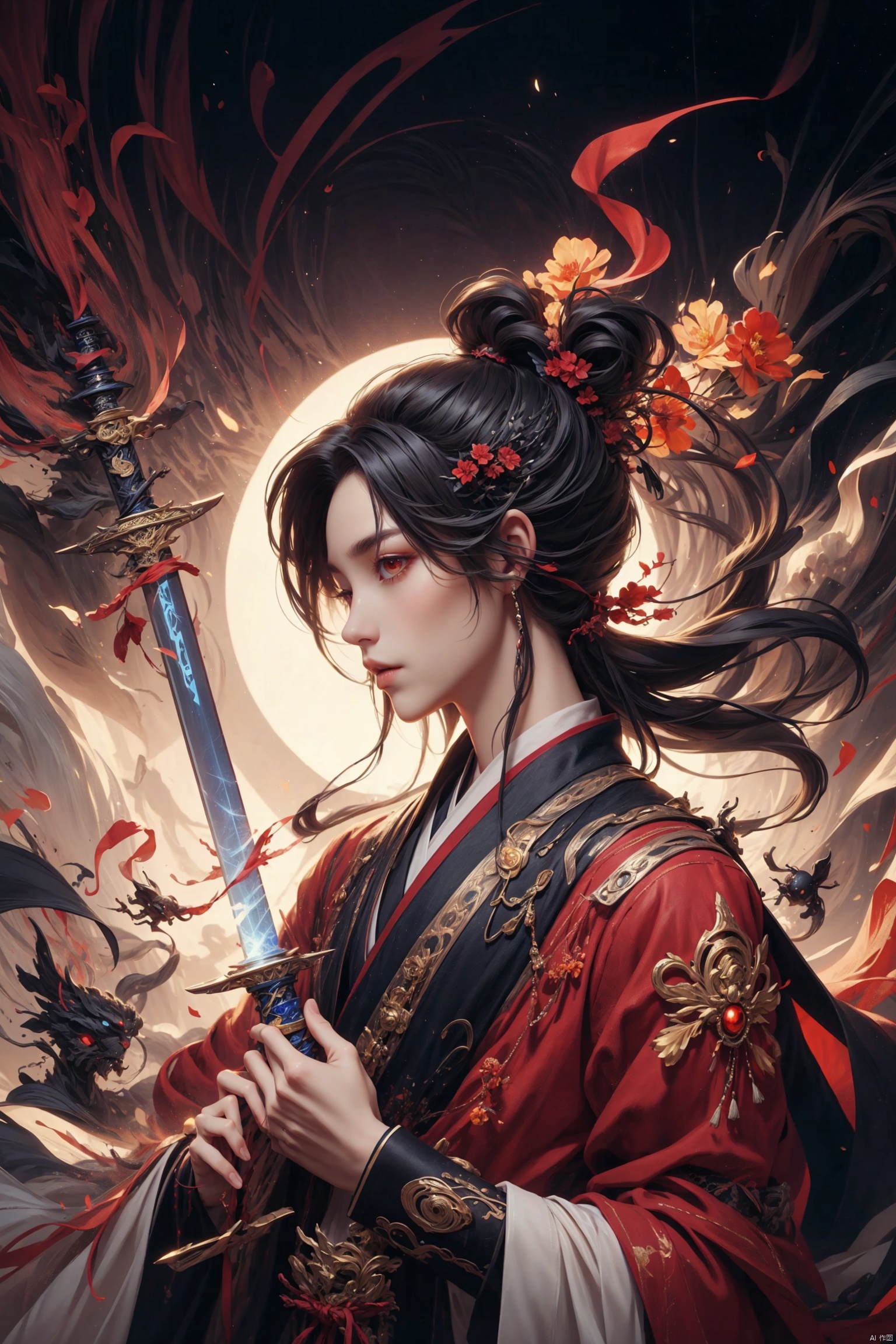 (((profile))),male,chinese_style,(sword:1.2),medium hair,red eyes,(solo:1.3),,
Professional,(masterpiece:1.2),best quality,PIXIV,taoist, eaba, huacheng,Look into the camera
