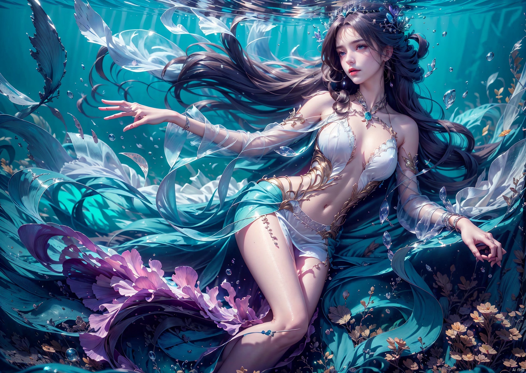  1 Girl, long green hair, purple eyes, curled up inside the ocean ball, full body, quiet, under the sea, bubbles, coral, perspective, depth of field, masterpiece, master work, fantastic, dreamlike, qingyi, 1girl,A gauzy skirt,Long dress, yifu, yunxi, ((poakl))