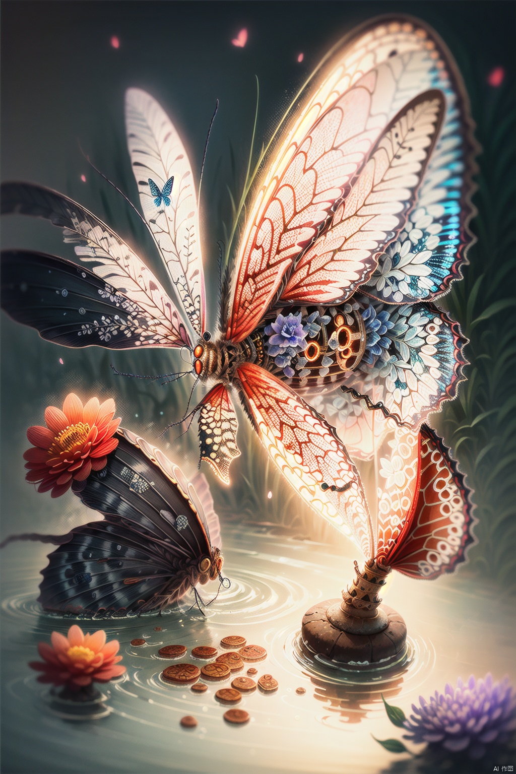 amazing quality, masterpiece, best quality, hyper detailed, ultra detailed, UHD, depth of field, butterfly, parking on (red floret), night, magic forest, fog, firefly, transparent and polishing ral-ntrgmstn, on side, darkness, glowing, (dazzling light:1.2), water droplets after rain,