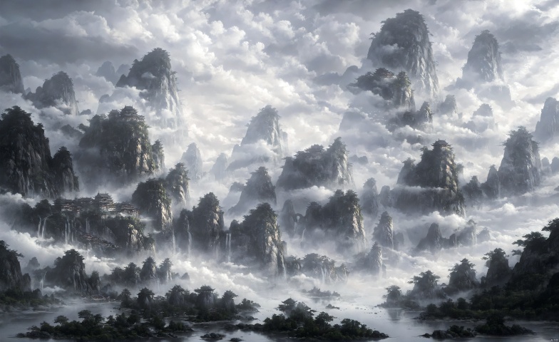 Horizon line,(((reflection)),((Reflection of water surface)),Water, lake surface,Ink, black and white,Lijiang River in Guilin,Fairyland, cloud, cloud, cloud, ((masterpiece)), mountain, , cloud, landscape, water, ((boutique)), sky, cloud, waterfall,. RPG, ananmoo