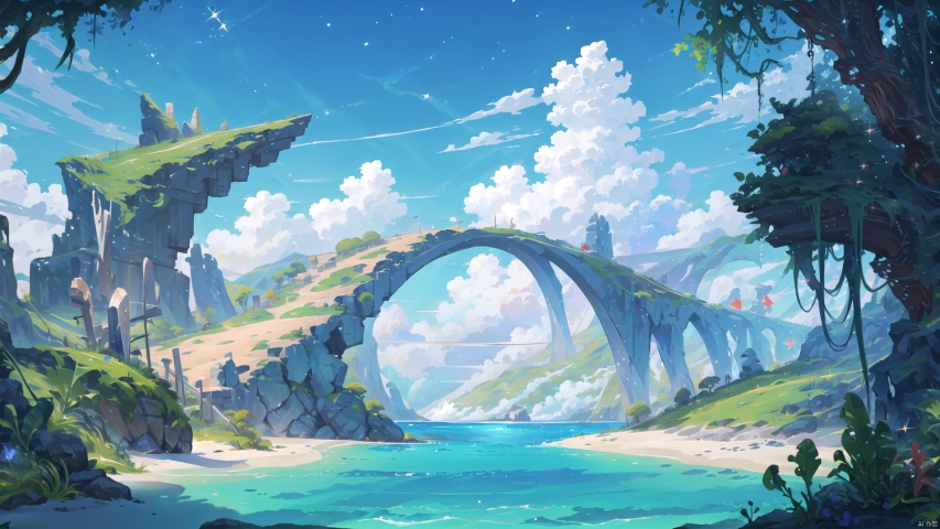  2D ConceptualDesign,beautiful, extremely detailed ,CG ,unity ,8k wallpaper, Amazing, finely detail, masterpiece,best quality,official art,The sea,There is a station in the middle,Blue sky and white clouds, 2D ConceptualDesign, no humans,Starlight, twinkle