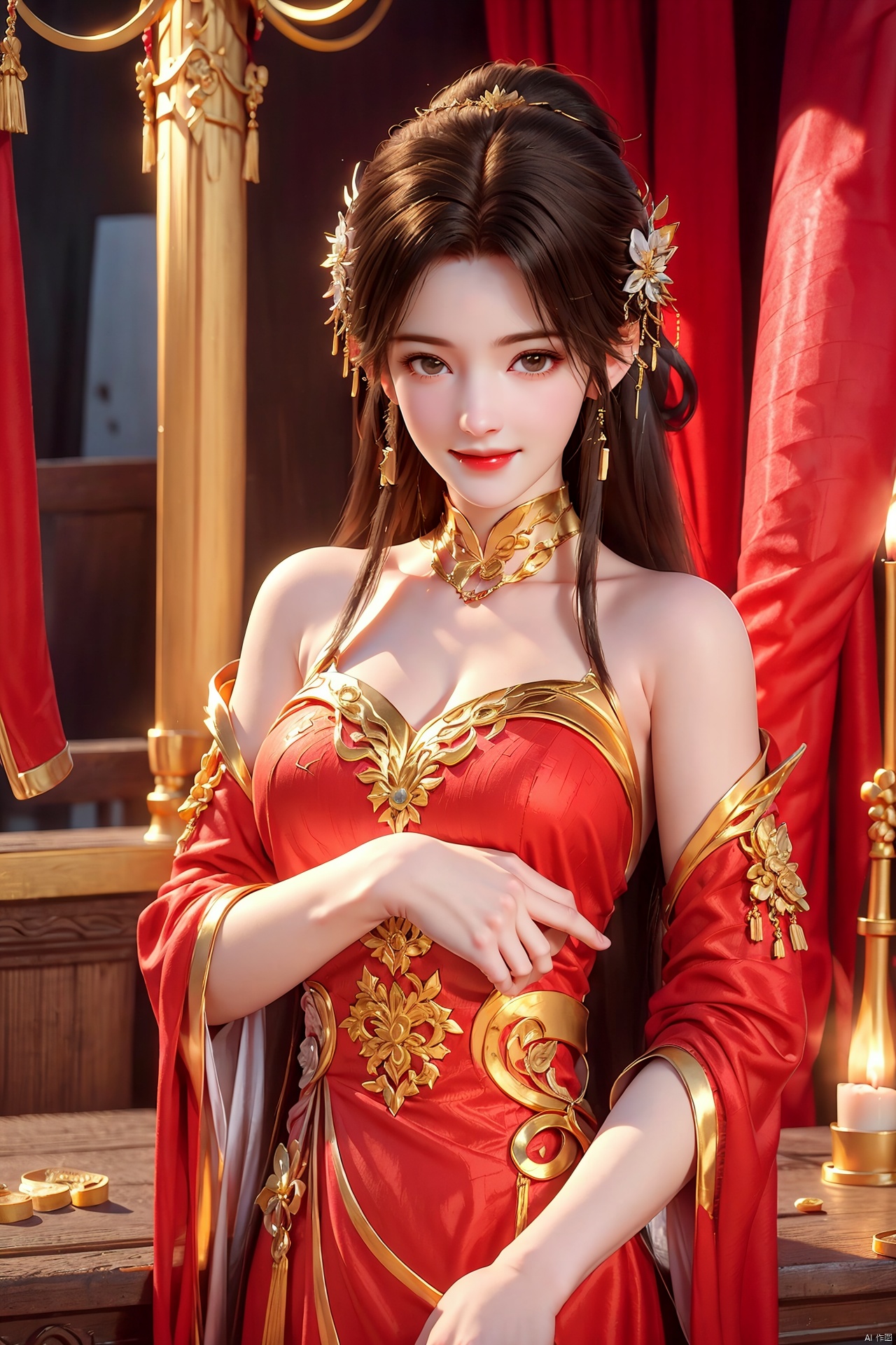  (((upper body))), Hold the gold ingots with your hands open, hold the gold ingots in your hands, Looking from top to bottom,A girl,Long red hair,red dress,God of wealth,((( full body))), lots of gold coins falling, gold coins shining, festive atmosphere, solo, blush, (smile: 1.3), smiling eyes,, wide sleeves,, hat, 3D modeling and rendering, high definition, detail enhancement,facai, facai,Hair accessories,,messy bun, looking at the audience, soft lighting,Best quality, ultra-high resolution, (photo realism: 1.4),enticing posture, 1girl, facai,yuzu, qingyi,hair ornament