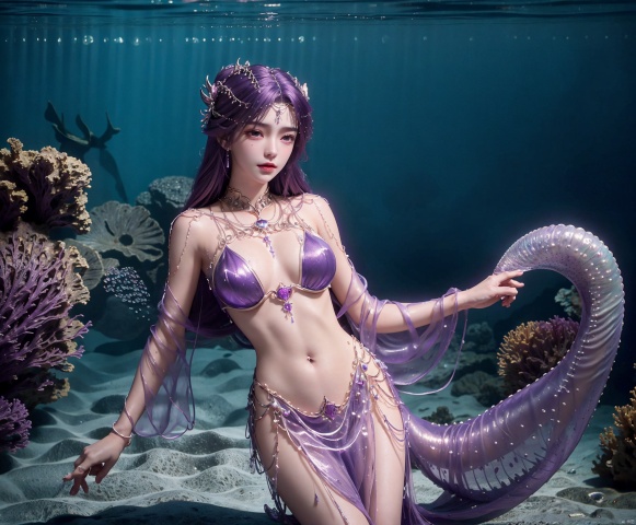  (Good structure),cowboy_shot,solo, 1girl , A mermaid dancing with grace in the depths of the ocean, Surrounded by shimmering pearls, In your underwater kingdom, Your heart filled with hope and your radiance is the light that guides your path.",, ((poakl)), yunxi,purple hair,purple eyes