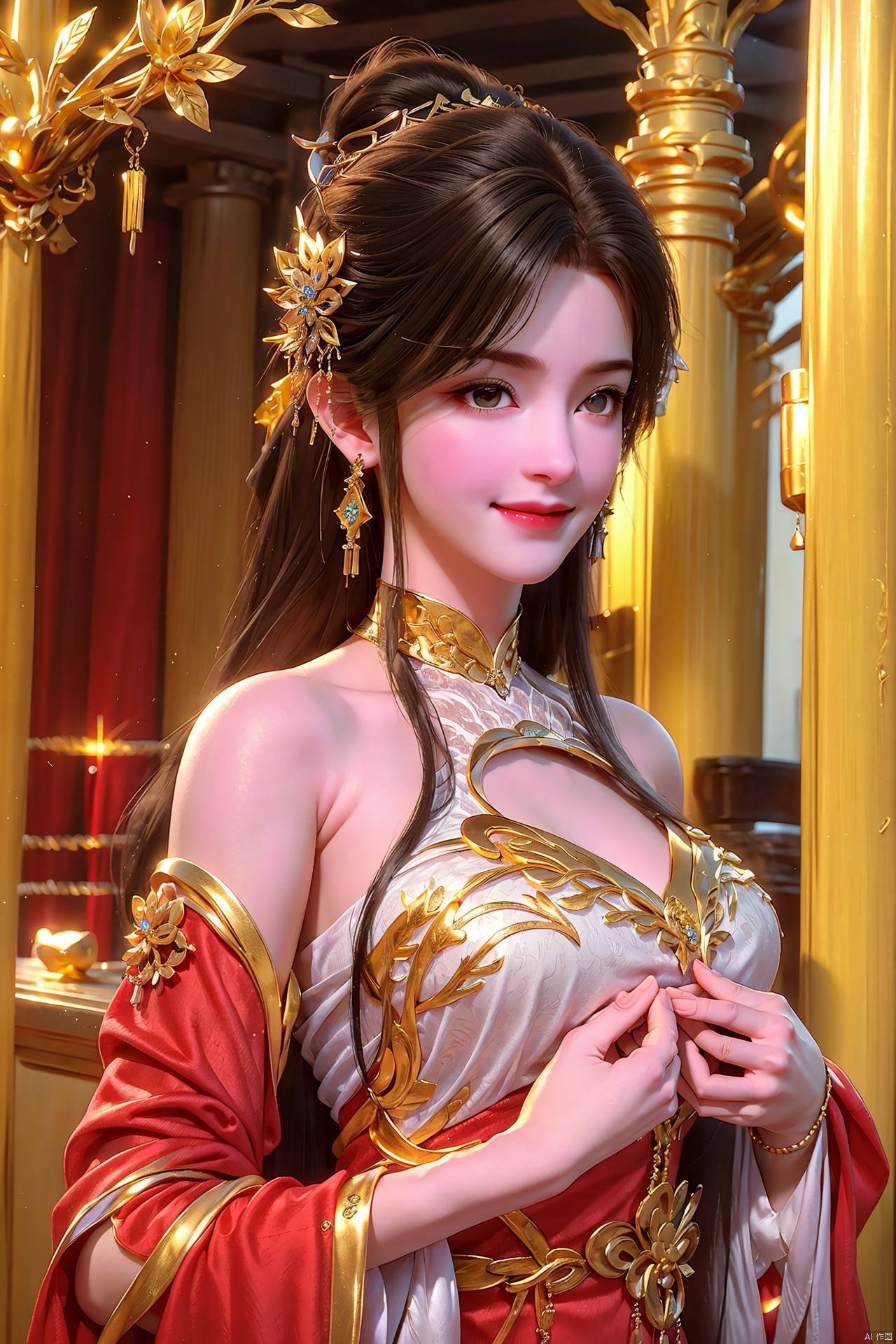  (((upper body))), Open your hands. Open your hands, Looking from top to bottom,A girl,Long red hair,red dress,God of wealth,((( full body))), lots of gold coins falling, gold coins shining, festive atmosphere, solo, blush, (smile: 1.3), smiling eyes,, wide sleeves,, hat, 3D modeling and rendering, high definition, detail enhancement,facai, facai,Hair accessories,,messy bun, looking at the audience, soft lighting,Best quality, ultra-high resolution, (photo realism: 1.4),enticing posture, 1girl, facai,yuzu, qingyi,hair ornament