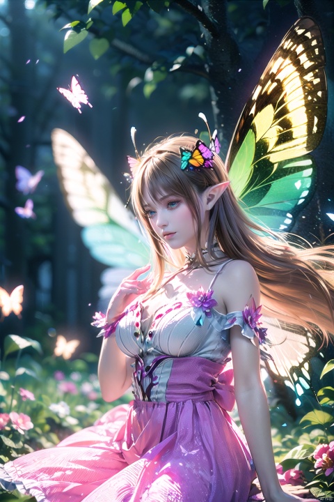  1girl,Butterflies on the Head, antennae, blue butterfly, blue wings, blurry, blurry background, brown hair, butterfly, butterfly hair ornament, butterfly on hand, butterfly wings, cleavage, fairy, fairy wings, flower, flying, glowing butterfly, glowing wings, green wings, hair ornament, ice wings, insect wings, lips, long hair, medium breasts, motion blur, multicolored wings, nature, pink wings, pointy ears, purple wings, solo, transparent wings, white butterfly, white wings, wings, yellow butterfly, yellow wings,Dawn Elf,dawn,glow,Glowing wings,Dress,Multiple butterflies,Glowing Butterfly,Super large wings, realistic