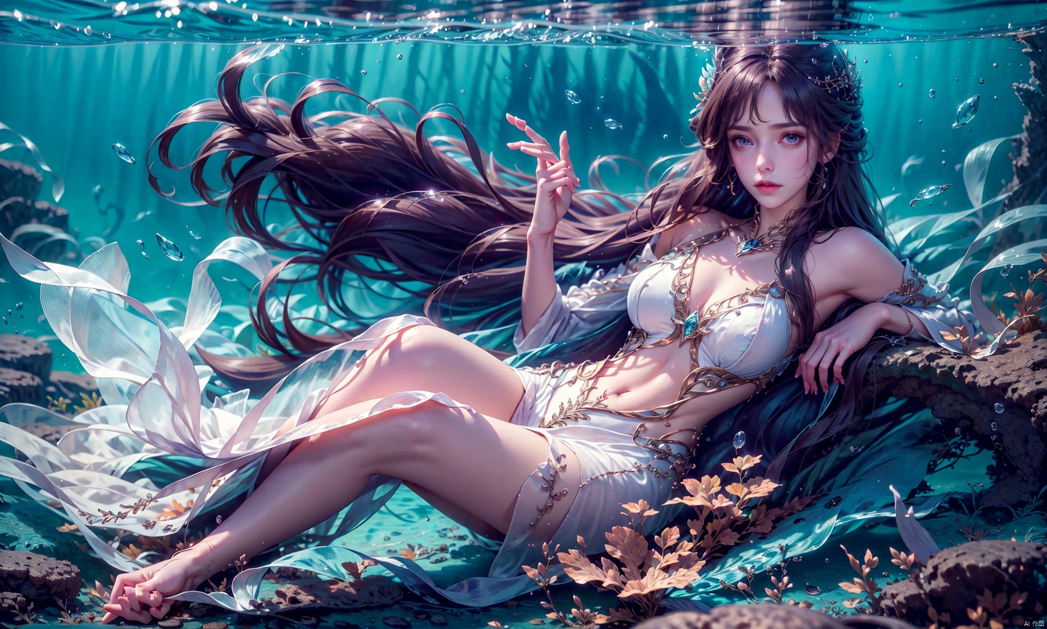  1 Girl, long green hair, purple eyes, curled up inside the ocean ball, full body, quiet, under the sea, bubbles, coral, perspective, depth of field, masterpiece, master work, fantastic, dreamlike, qingyi, 1girl,A gauzy skirt,Long dress, yifu, yunxi, ((poakl)),purple hair