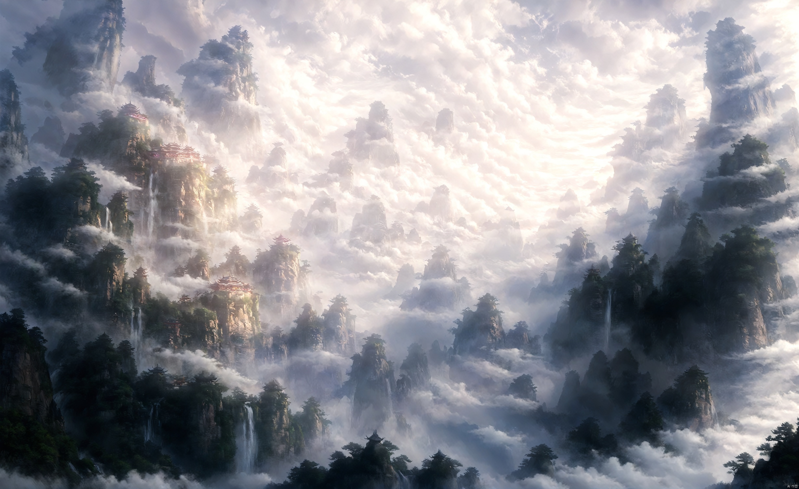 Fairyland, cloud, cloud, cloud, ((masterpiece)), mountain, Zhangjiajie, cloud, landscape, water, ((boutique)), sky, cloud, waterfall,. RPG, ananmoo