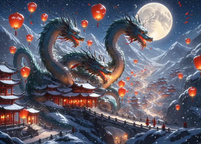  Thick painted national cartoons, textbook illustrations, Feng Zikai, Eastern poetry and painting, dragons, Chinese dragons shuttle through lanterns, during the Dragon Year and Spring Festival, red lanterns float in the sky, with Kongming lanterns, snowfall, moonlight, and brilliant stars, Chen Jialeng, high-quality, 32K crayon and ink, high-quality, 32K, high-quality, masterpiece, perfect composition, BJ_Sacred_beast