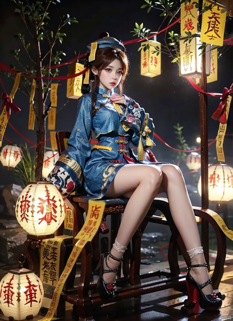 High quality, masterpiece, 1 girl, jiangshi, qing_ Guanmao,breast curtains,china dress, spells,Sexy, ((poakl)), 1girl