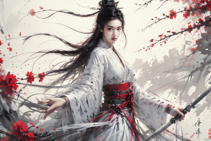  best quality, masterpiece,cowboy_shot,(Good structure),,a girl,xianjing,Off-the-shoulder, bust photo,upper body,Hanfu, Cloud, Smoke,branch,flower, smile,Gaze at the audience, Ink scattering_Chinese style, ((poakl)), ,looking_at_viewer,kind smile, , chinese dress,white dress, liuyifei,long_hair, smwuxia Chinese text blood weapon:sw,blood splatter motion blur