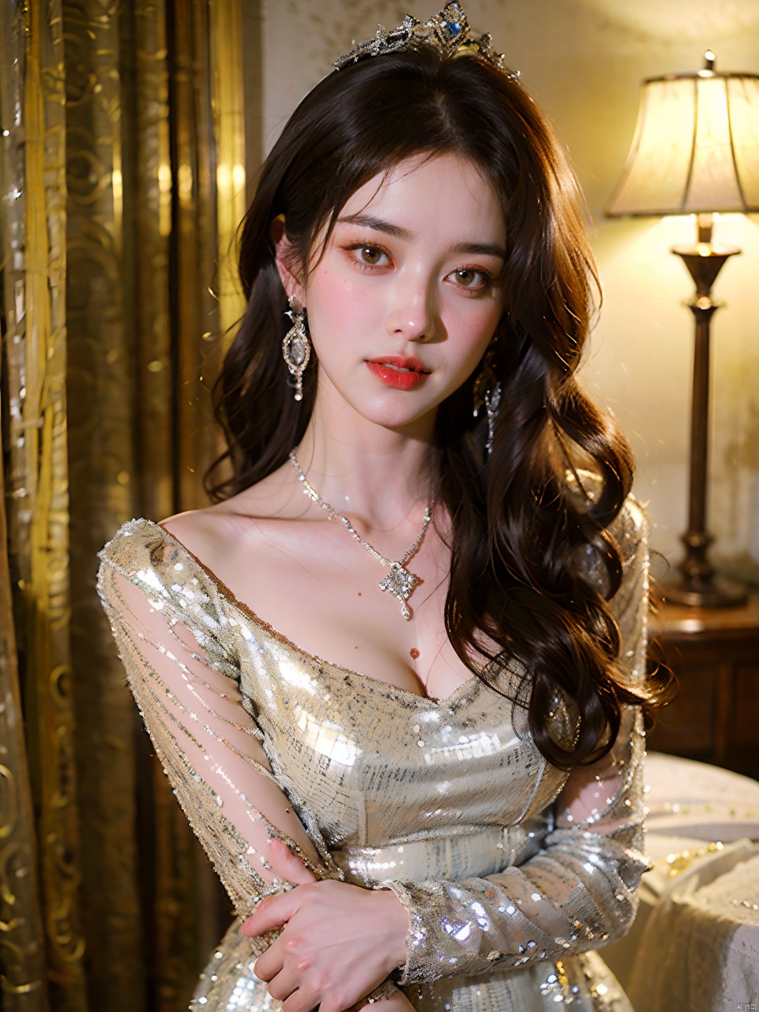  Black dress, black gloves, diamond crown, diamond necklace, diamond ring,1girl,qianjin,(8k, RAW photo, best quality, masterpiece:1.3),(realistic,photo-realistic:1.37),(looking at viewer:1.331),soft light,extremely beautiful face,Random hairstyle,Random expression,big eyes,an extremely delicate and beautiful girl,depth of field,blurry background,blurry foreground,delicate,beautiful,beautiful face,beautiful eyes,beautiful girl,delicate face,delicate girl,8k wallpaper,(best quality:1.12),(detailed:1.12),(intricate:1.12),(ultra-detailed:1.12),(highres:1.12),hyper detailed,ultra-detailed,high resolution illustration,colorful,8k wallpaper,highres,Cinematic light,ray tracing,(8k, RAW photo, best quality, masterpiece, ultra highres, ultra detailed:1.2),(realistic, photo-realistic:),formal_dress,red dress,jewelry,earrings,necklace,dress,long hair,breasts,cleavage,blurry,bare shoulders,parted lips,black dress,red lips,black hair,pearl necklace,looking at viewer,blurry background,strapless dress,strapless,lips,tiara,medium breasts,upper body,lipstick,indoors,makeup,gloves,realistic,gem,