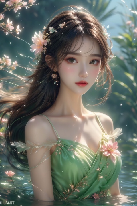  1 girl,(green light effect),hair ornament,jewelry,looking at viewer,flower,floating hair,water,underwater,air bubble,Flowers,petal,branch,submerged