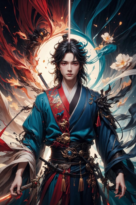  (45-Degree Angle),Sharp eyes,male,chinese_style,(sword:1.2),medium hair,red eyes,(solo:1.3),,
Professional,(masterpiece:1.2),best quality,PIXIV,taoist, eaba, huacheng,Look into the camera,Blue robes, blue clothes